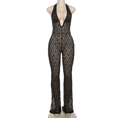 Fall Women Clothing Sexy Halter Deep V Plunge Neck Lace See Through Lace Up Backless Jumpsuit