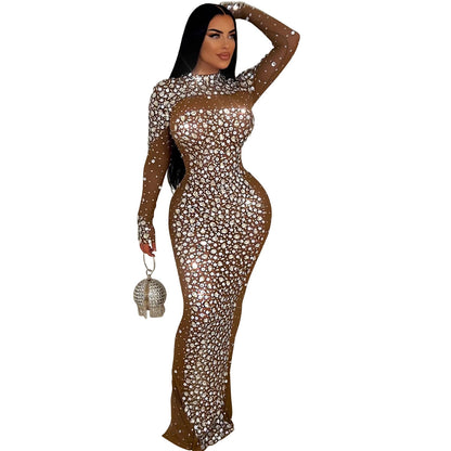 Women Solid Color Mesh Rhinestone Long Sleeve Dress