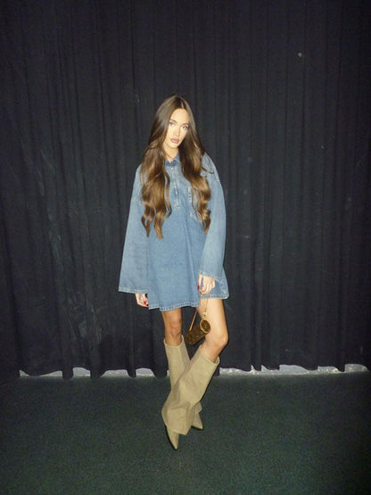 Spring Summer Collared Patch Pocket Bell Sleeve Denim Dress