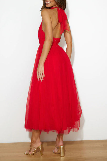 Fairy Vibes Tulle Gathered Detail Halter Maxi Dress