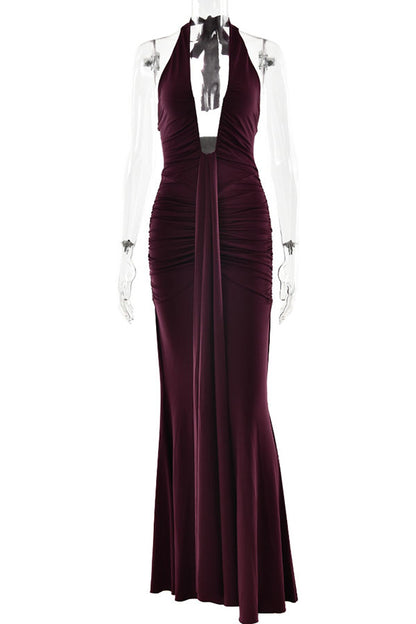 Solid Color Elegant Halterneck V-neck Open Back Tie Gathered Maxi Dress