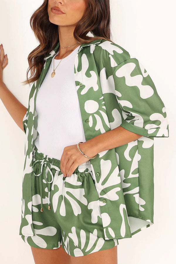Women Clothing Polo Collar Printed Short Top Shorts Set