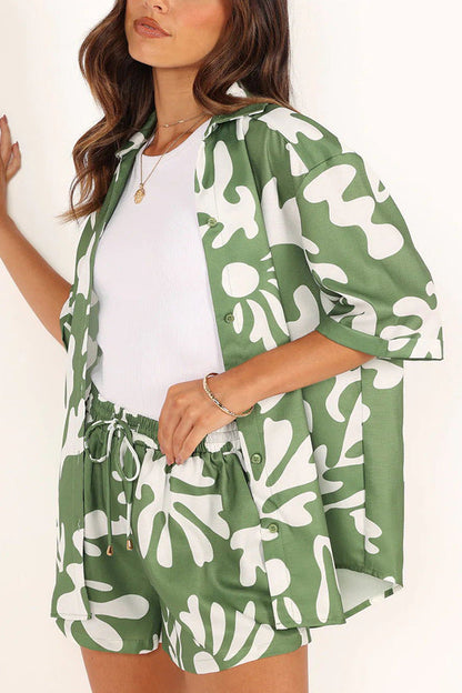 Women Clothing Polo Collar Printed Short Top Shorts Set