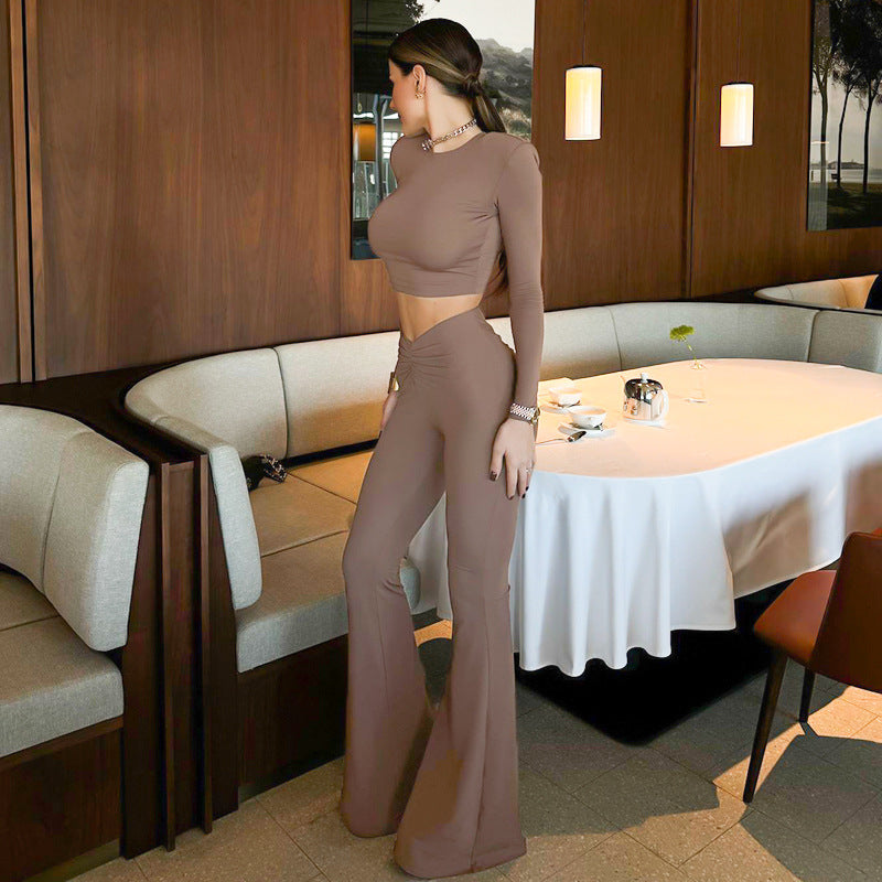 Women Clothing Summer Solid Color Padded Shoulder Long Sleeve Top High Waist Trousers Set