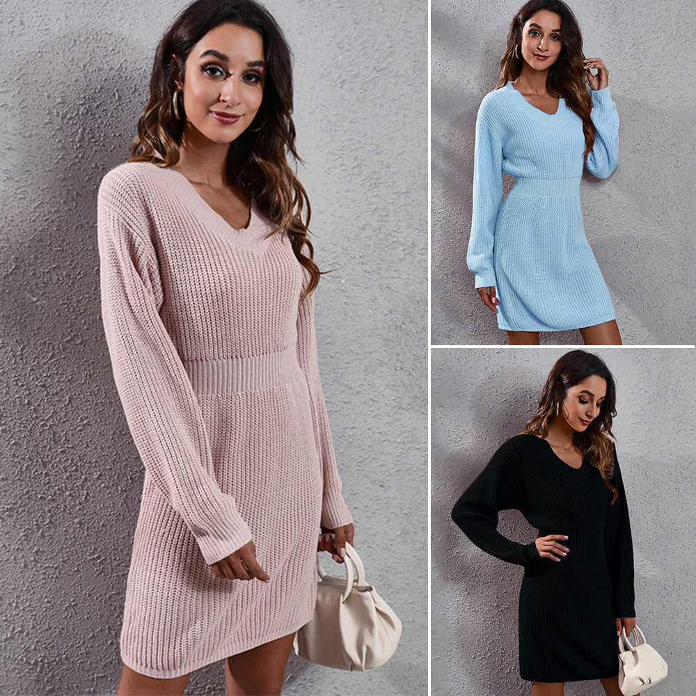 V-neck Drop-Shoulder Long-Sleeve Tight Waist Woolen Women Knitted Dress Autumn Winter