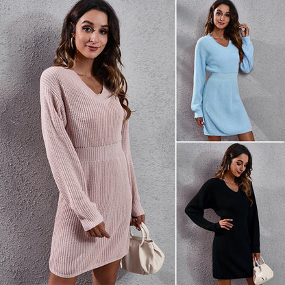 V-neck Drop-Shoulder Long-Sleeve Tight Waist Woolen Women Knitted Dress Autumn Winter