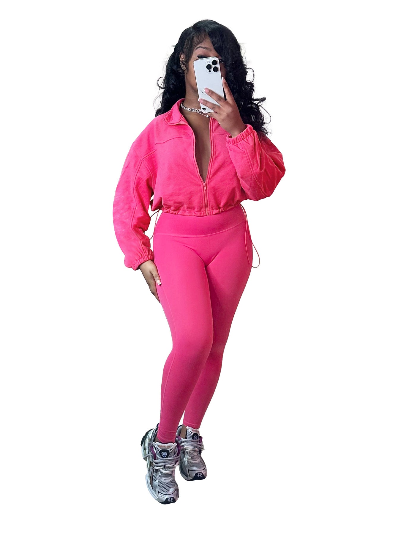 Casual Women Wear Zipper Elastic Buckle Waist Drop Shoulder Sleeve Two Piece Suit