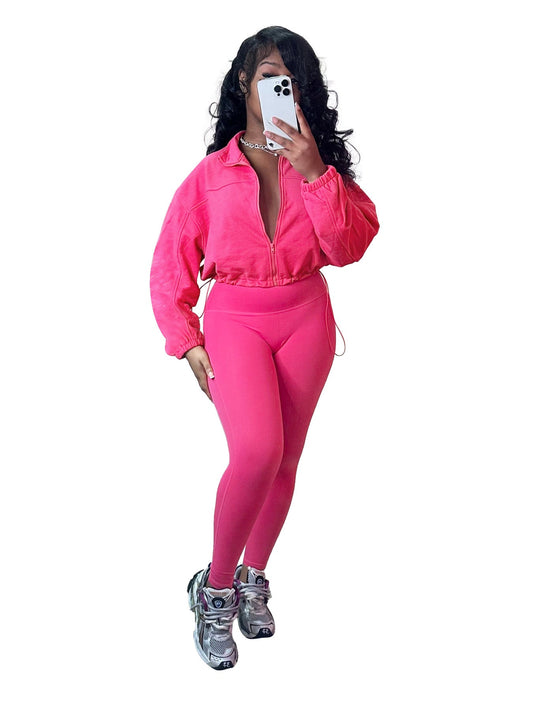 Casual Women Wear Zipper Elastic Buckle Waist Drop Shoulder Sleeve Two Piece Suit