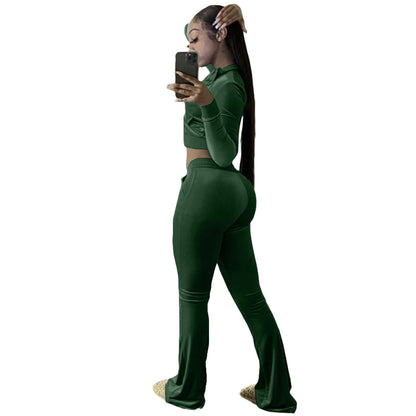 Women Clothing Two-Piece Korean Velvet Solid Color Long Sleeve Sexy cropped Casual Sports Suit