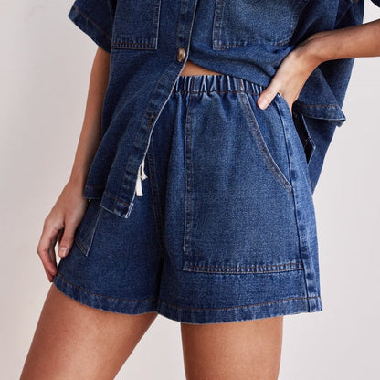 Retro Casual Loose Pockets Short Sleeved Shirt Shorts Denim Two Piece Sets