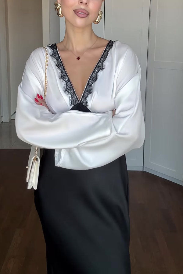 Lainei Contrast Color Satin Lace Trim V-neck Long Sleeve Maxi Dress