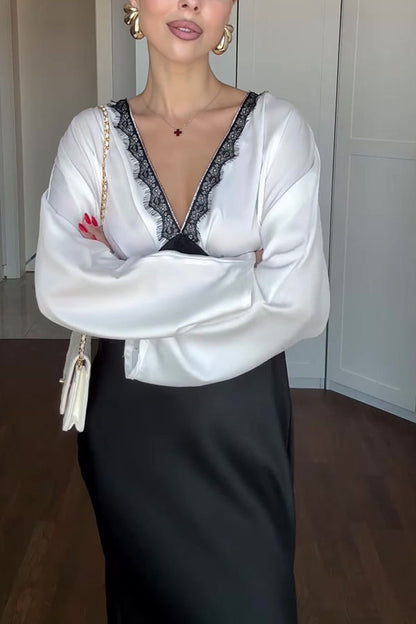 Lainei Contrast Color Satin Lace Trim V-neck Long Sleeve Maxi Dress