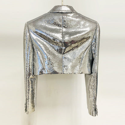 Metallic Coated Fabric Goods Personality Bling Bling Shiny Sequ Short Suit Mid Length Skirt Set Two Piece Set