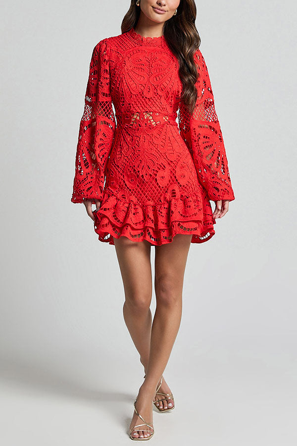 Solid Color Hollow Long-sleeved Waisted Lace Mini Dress