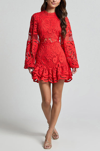 Solid Color Hollow Long-sleeved Waisted Lace Mini Dress