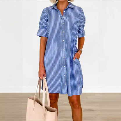 Spring Summer Striped Pocket Single Breasted Casual Office Dress for Women