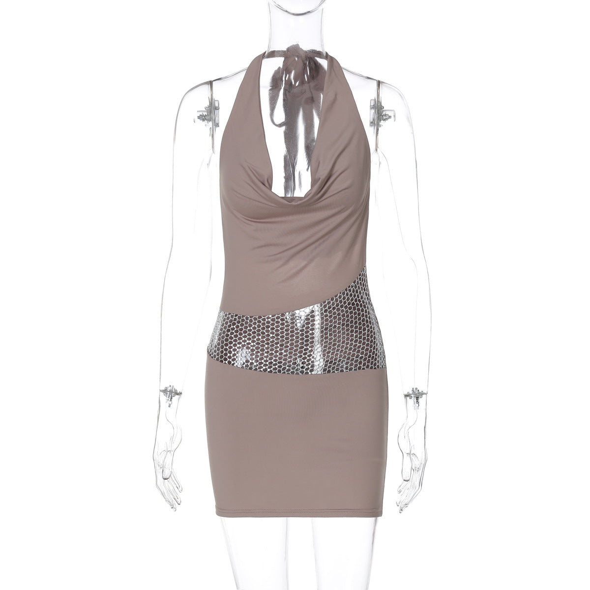 Women Clothing Spring Sexy Backless Hollow Out Cutout out Stitching Halter Dress