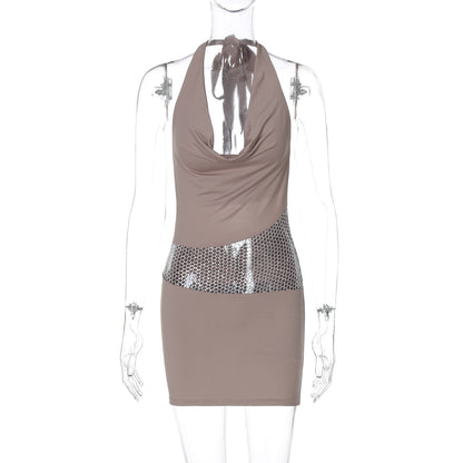 Women Clothing Spring Sexy Backless Hollow Out Cutout out Stitching Halter Dress