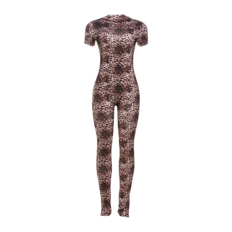 Autumn Winter Sexy Backless Slim Fit Leopard Print Personality Short-Sleeved Jumpsuit Women Clothing