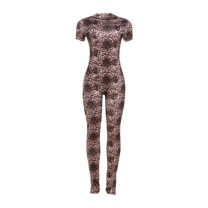Autumn Winter Sexy Backless Slim Fit Leopard Print Personality Short-Sleeved Jumpsuit Women Clothing