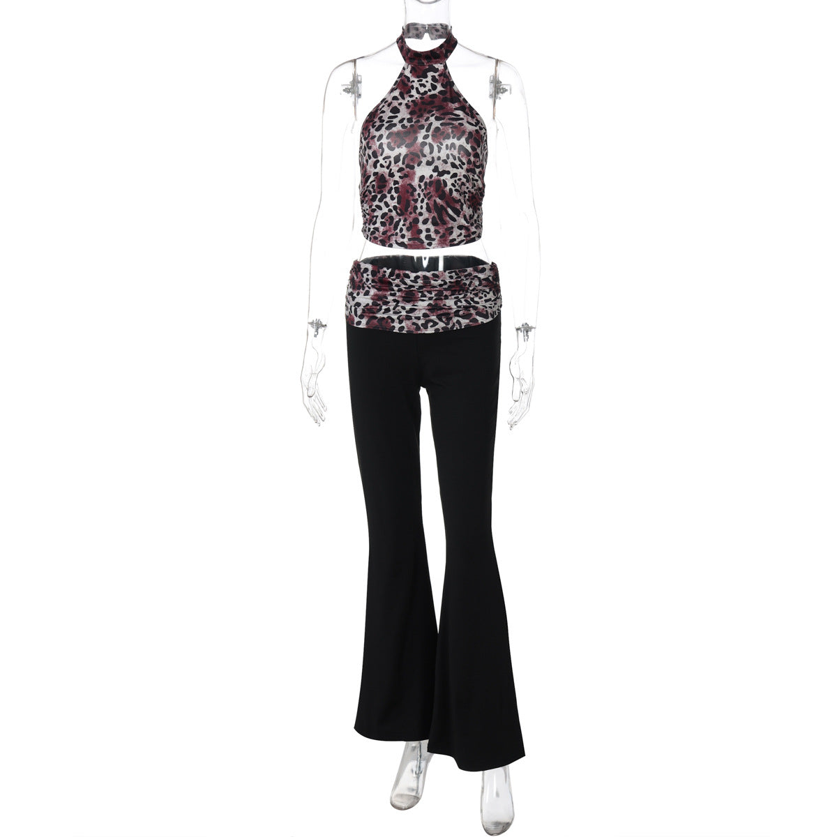 Women Clothing Summer Leopard Print Sleeveless Halter Vest Stitching Flared Pants Two Piece Set