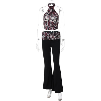 Women Clothing Summer Leopard Print Sleeveless Halter Vest Stitching Flared Pants Two Piece Set