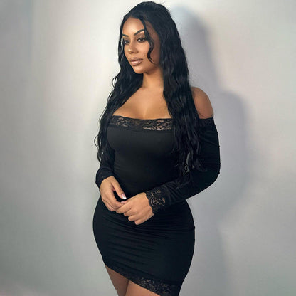 Women’s Clothing Lace Stitching Solid Color Basic Skinny Sheath off-Neck Tube Top Long Sleeve Dress Dress