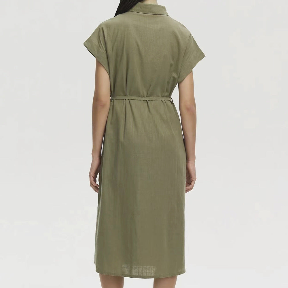 Women Clothes Collared Loose Long Shirt Dress Single Breasted Waist Dress