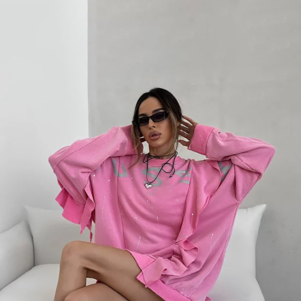 Street round Neck Mid Length Loose Lotus Leaf Sweatshirt Women Summer Dopamine Printing Sweatshirt Top