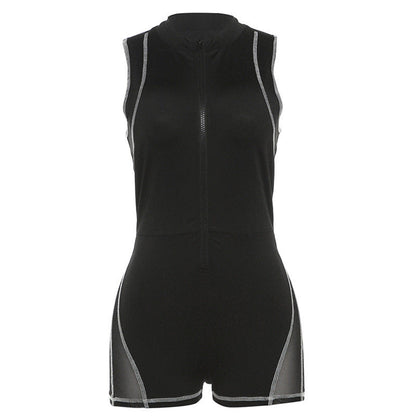 Women Clothing Autumn Winter round Neck Zipper Sleeveless Stitching See through Sexy Tight Hip Lifting Jumpsuit