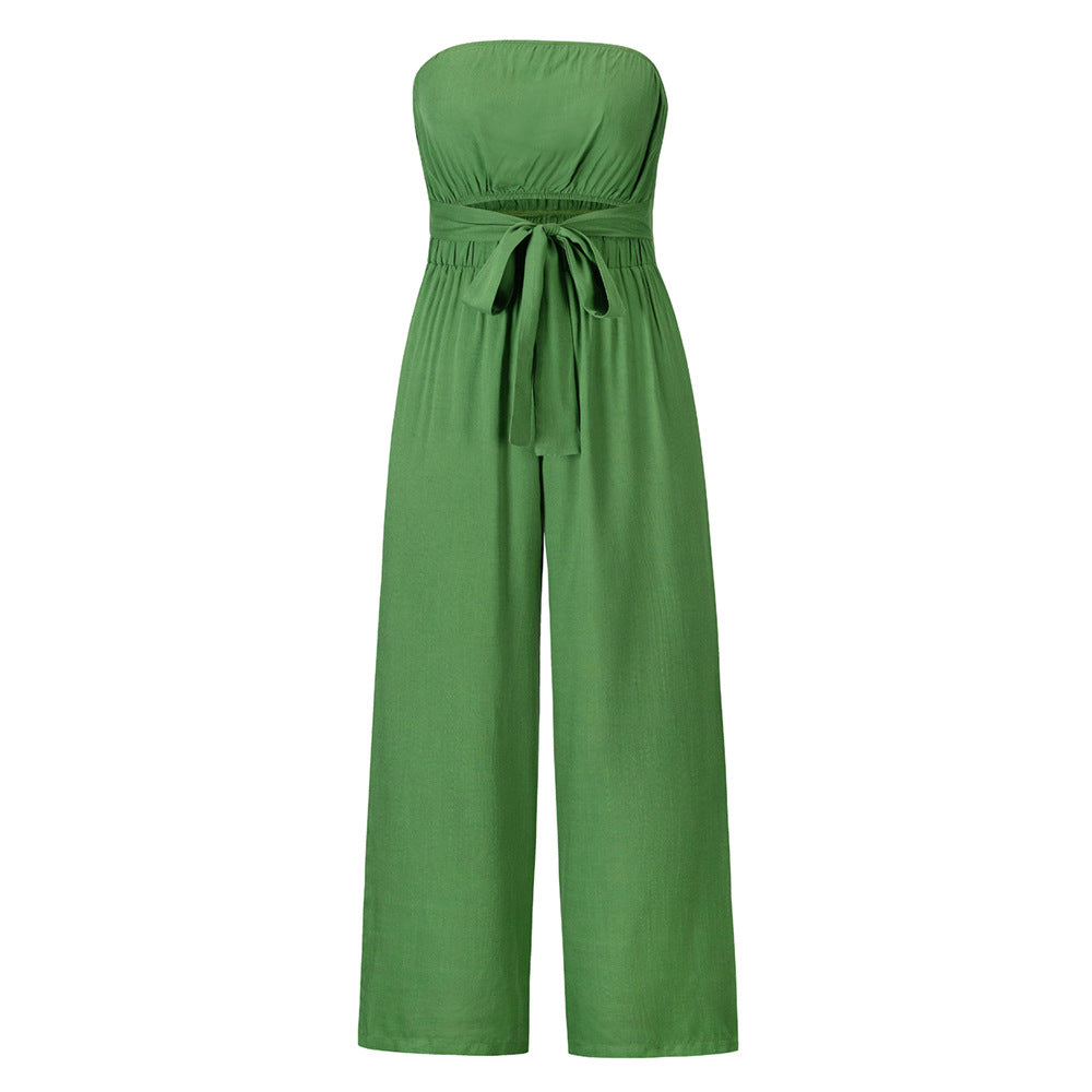 Casual Lace up Set Summer Tube Top Lace up Straight Jumpsuit