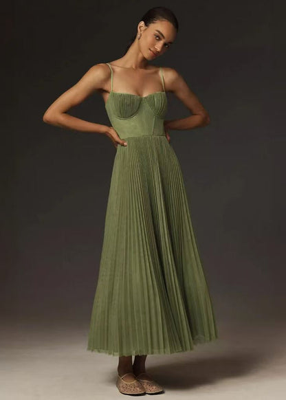 Olive Grace – Pleated Midi Corset Dress with Spaghetti Straps