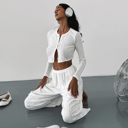 Casual Knitted Basic Breasted Long Sleeve Top Elastic Trousers Two Piece Pajamas Homewear