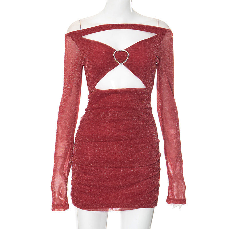 Women Clothing off Shoulder Mesh Long Sleeve Stitching Hollow Out Cutout Sexy Hip Dress