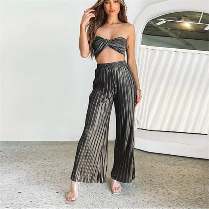 Spring Summer Pleated Sexy Suit Women Cropped Sleeveless Adjustable Vest Casual Pants Two Piece Set for Women