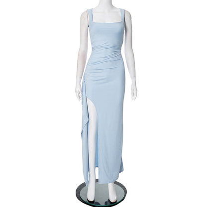 Women Clothing Spring Summer Solid Color Backless Pleated Tassel Split Dress Women
