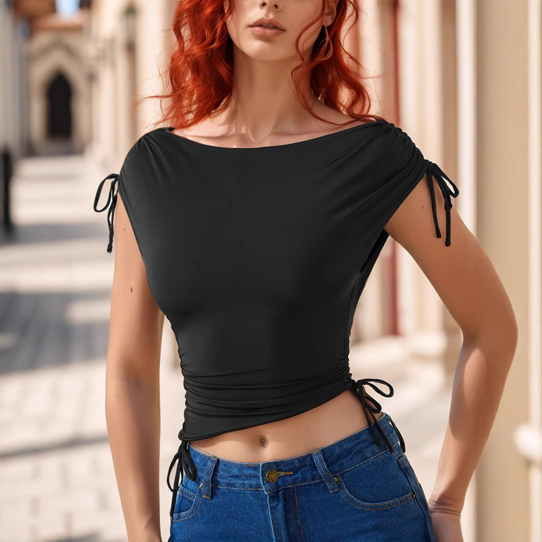 Women Clothing Spring Summer Irregular Asymmetric with Personality Shoulder Strap Drawstring Lace Pleated Cropped Top Women
