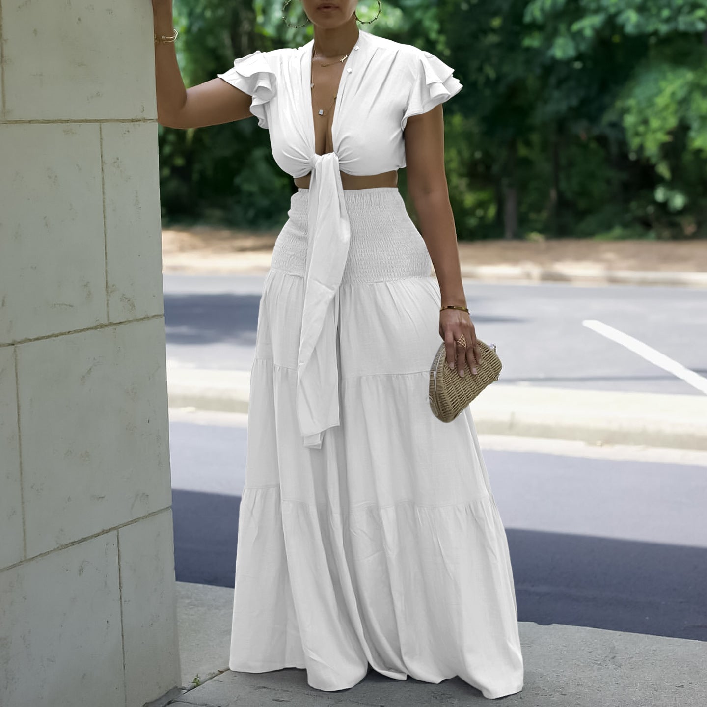 Women Short Sleeve Tied Top Wide Leg Pants Two Piece Set
