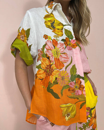 Printed Cotton Linen Two-Piece Suit Outfit Top Wide Leg Pants Amplified craft