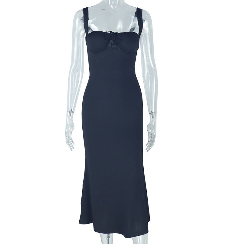 Women Elegant Strap Solid Color Fishtail Dress Sleeveless off Neck Length Dress