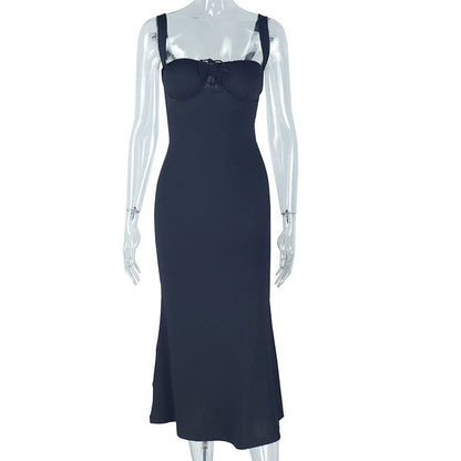 Women Elegant Strap Solid Color Fishtail Dress Sleeveless off Neck Length Dress
