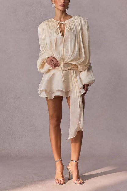 Ninah Glitter Fabric Pleated Balloon Sleeve Tiered Ruffle Hem Mini Dress