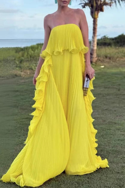 Reina Chiffon Pleated Wavy Ruffles Trim Strapless Loose Maxi Dress