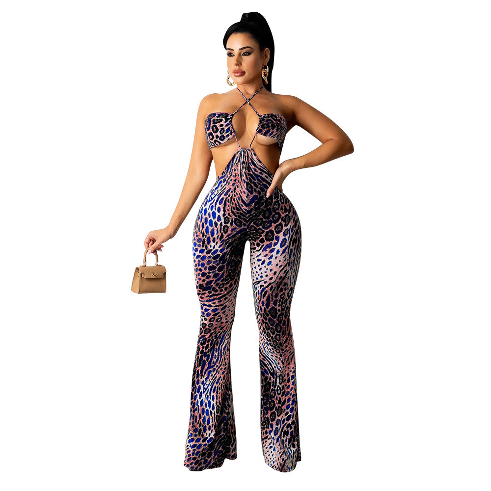 Women Clothing Sexy Cutout Halter Women Jumpsuit Trousers Bell Bottom Pants