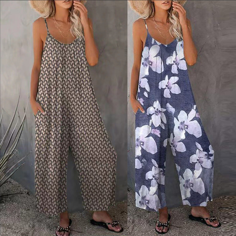 Summer Women Printed Casual Sleeveless Loose Wide Leg Jumpsuit