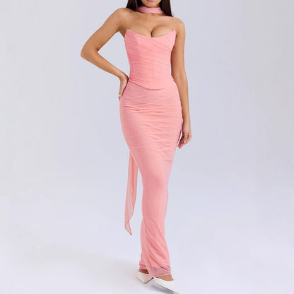 Sexy Dress Boning Corset Tube Top Skinny Sheath Skirt Long Skirt Set Autumn Two-Piece Set High Grade with Scarf