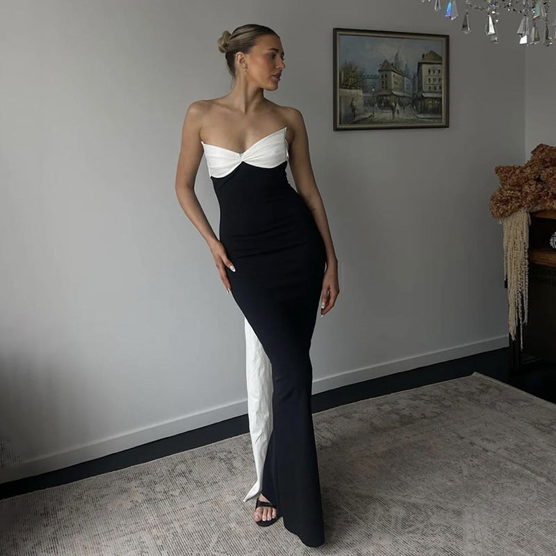 Women Clothing Autumn Winter Color Contrast Sexy Backless Bow Tube Top Ribbon Dress