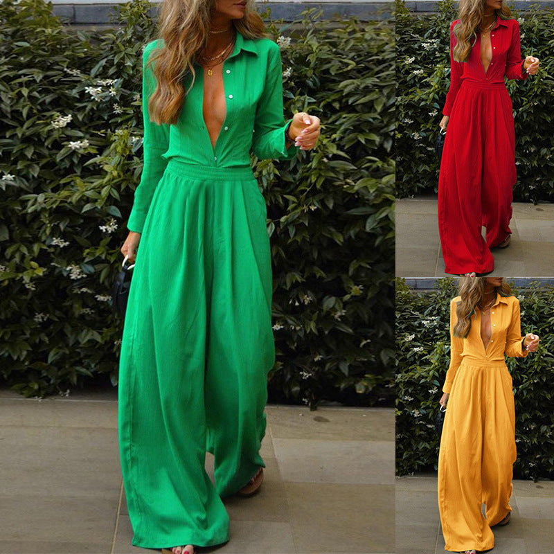 Women Clothing Solid Color Sexy Cardigan Shirt Casual Loose-Fitting Wide-Leg Trousers Two-Piece Set