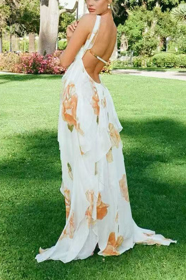 Mariah Floral Print Starfish Brooch Inverted Halter Neck Slit Ruffles Maxi Dress