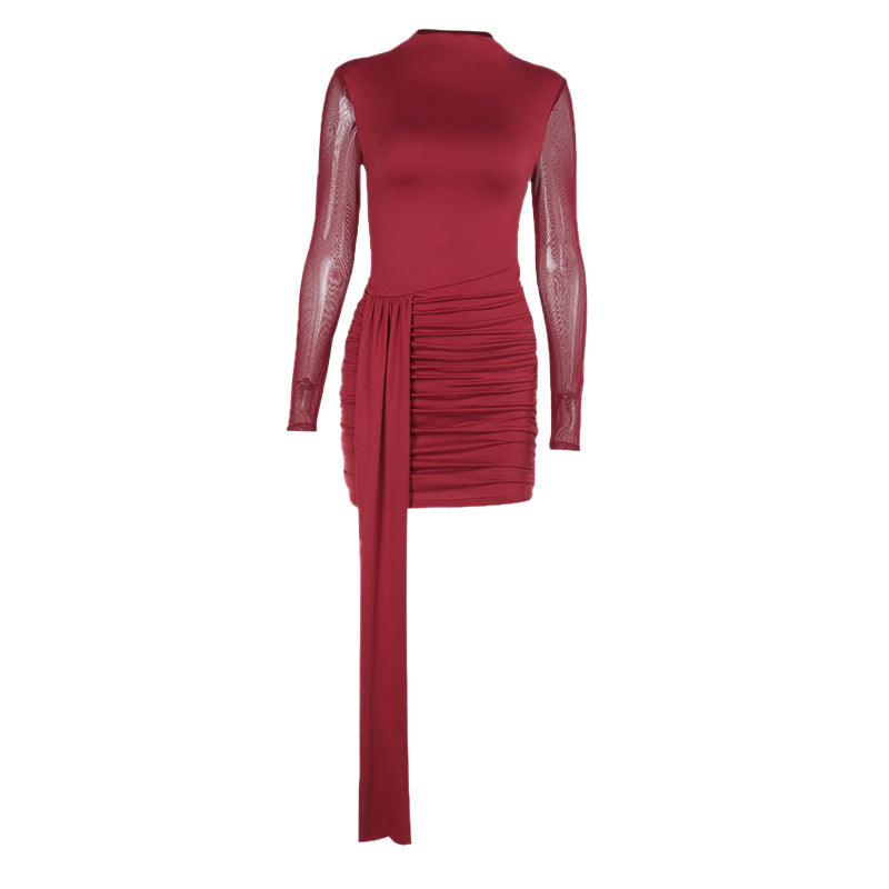 Autumn Socialite Elegant Sexy Slim Mesh Stitching Hip Bag Dress Women